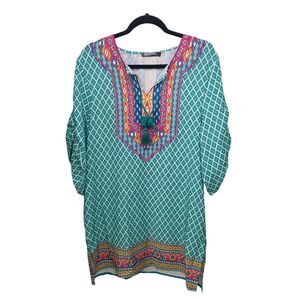 Urban Coco Womens Sz L Green Geometric Short Sleeve Boho Tunic Dress